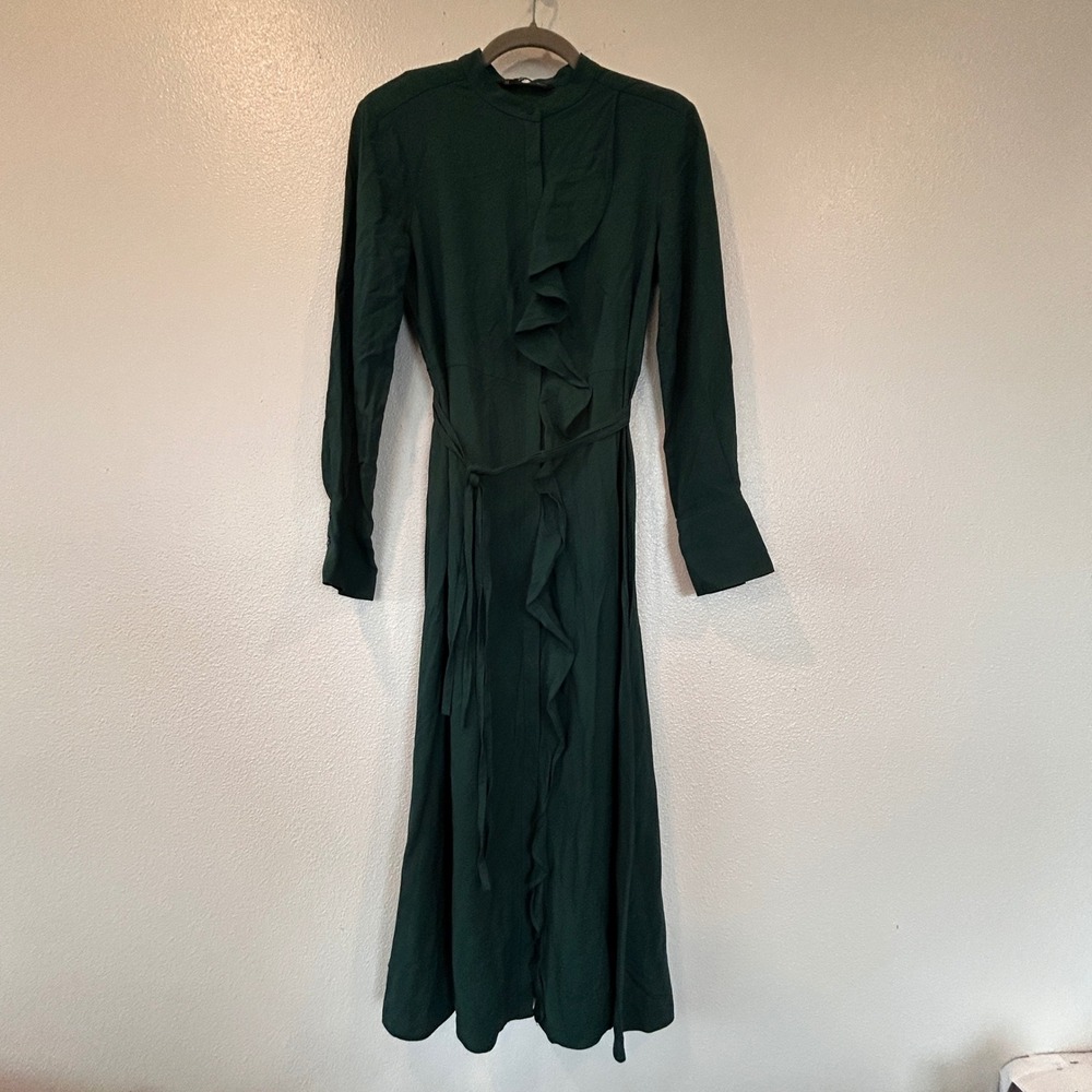 Mango MNG Dark Green Ruffle Front Midi Dress Long Sleeve Belted Size 4 US S EUR